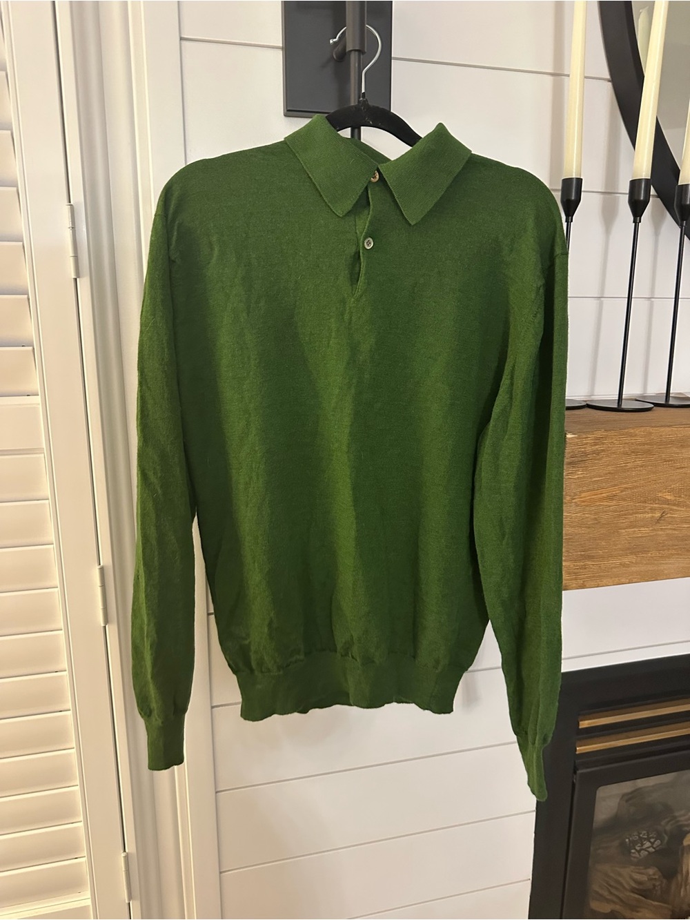 Luxury 100% WOOL Men's Forest Green V-Neck Polo Sweater